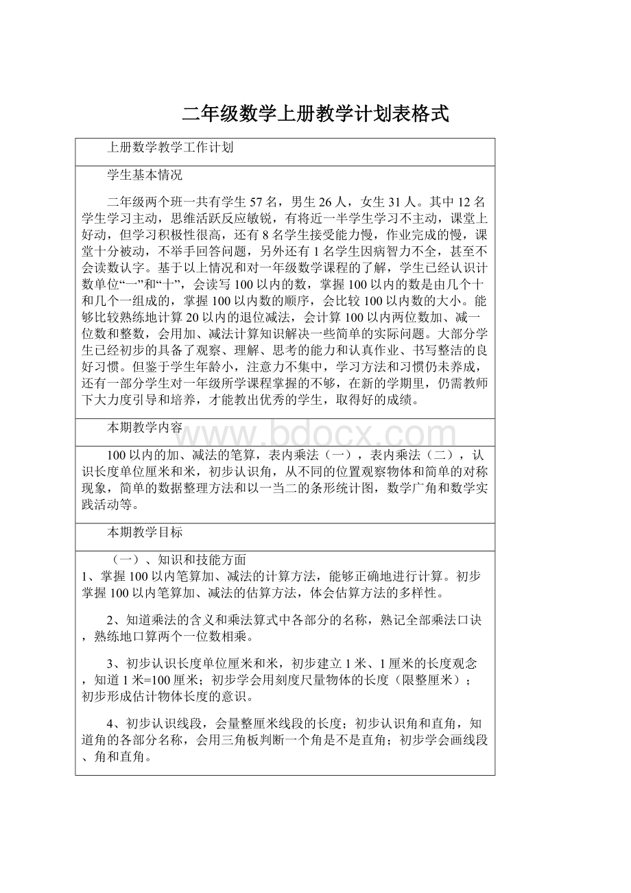 二年级数学上册教学计划表格式Word文档格式.docx