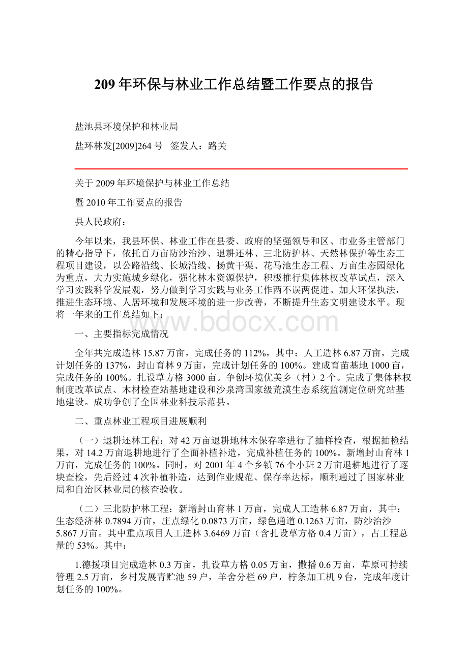 209年环保与林业工作总结暨工作要点的报告Word格式文档下载.docx_第1页