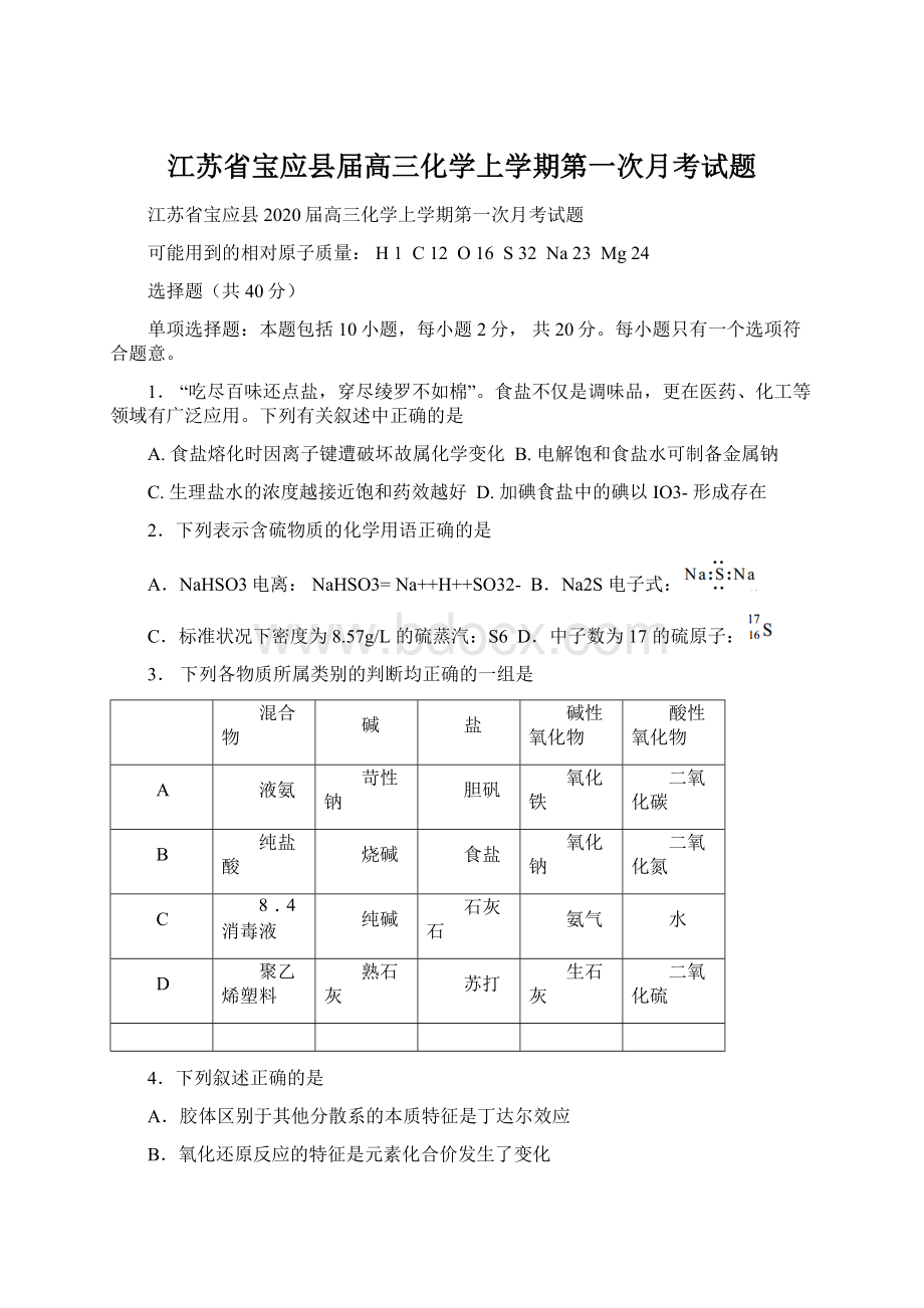 江苏省宝应县届高三化学上学期第一次月考试题Word格式文档下载.docx