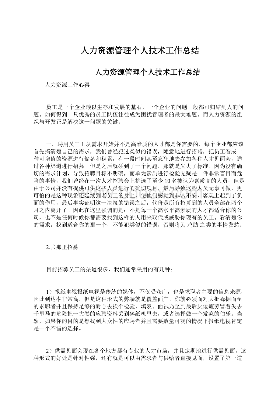 人力资源管理个人技术工作总结Word格式文档下载.docx_第1页