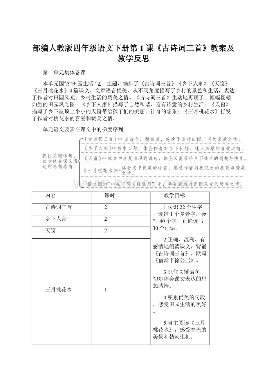 部编人教版四年级语文下册第1课《古诗词三首》教案及教学反思.docx_第1页