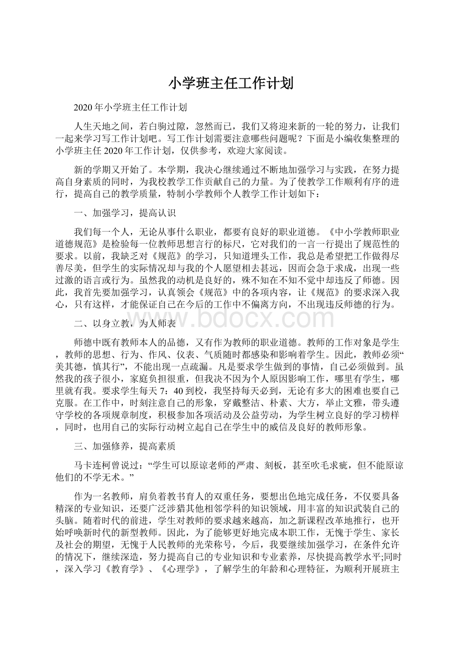 小学班主任工作计划.docx