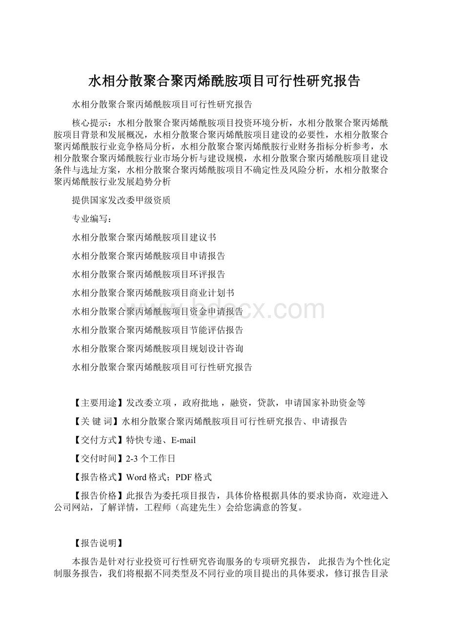 水相分散聚合聚丙烯酰胺项目可行性研究报告Word文档格式.docx_第1页