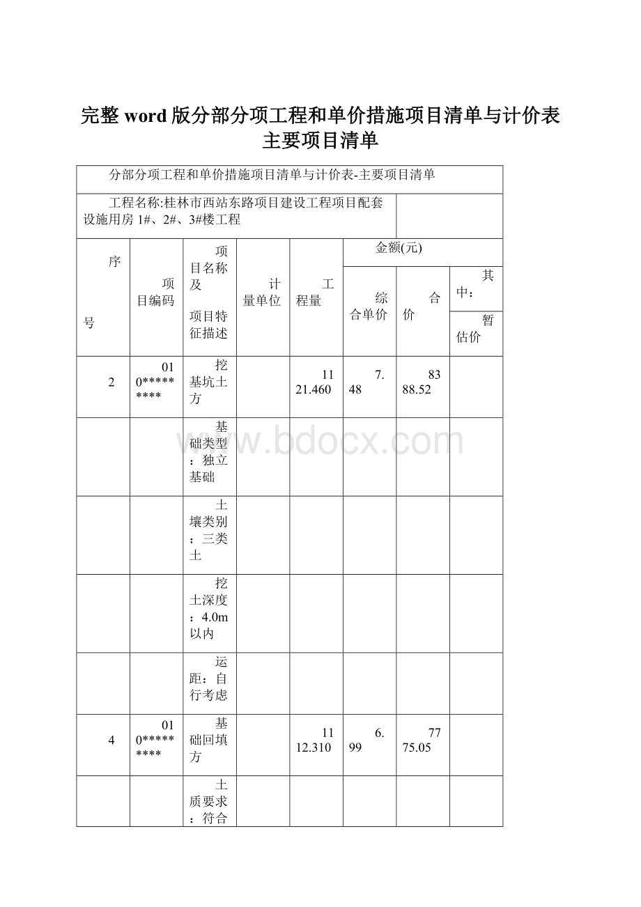 完整word版分部分项工程和单价措施项目清单与计价表主要项目清单Word文档下载推荐.docx_第1页