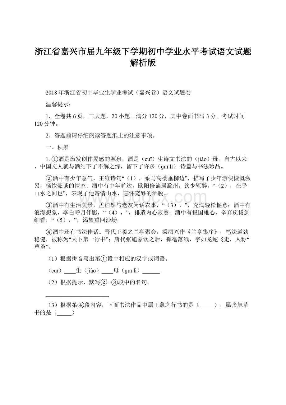 浙江省嘉兴市届九年级下学期初中学业水平考试语文试题解析版Word文件下载.docx