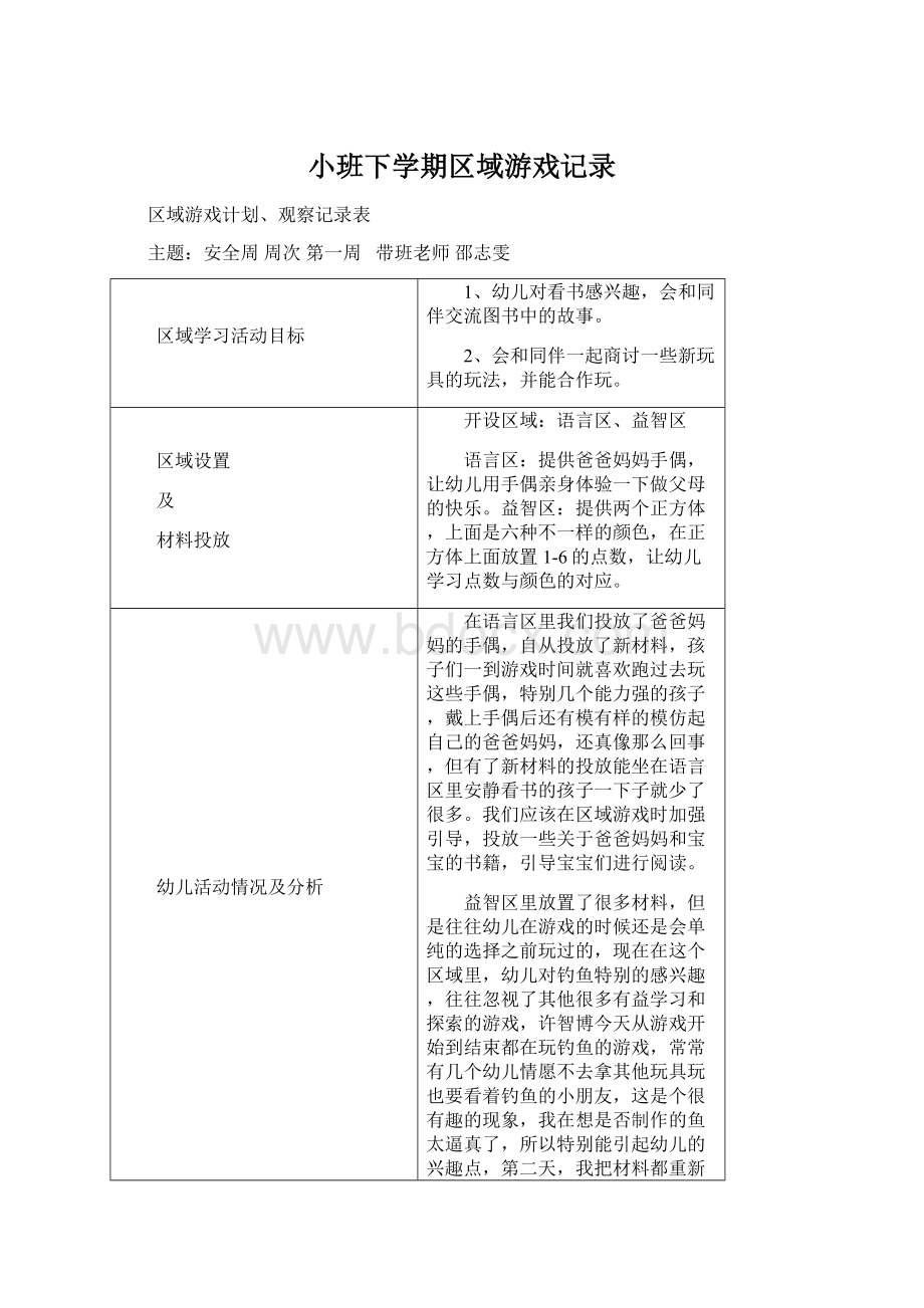 小班下学期区域游戏记录Word格式.docx_第1页