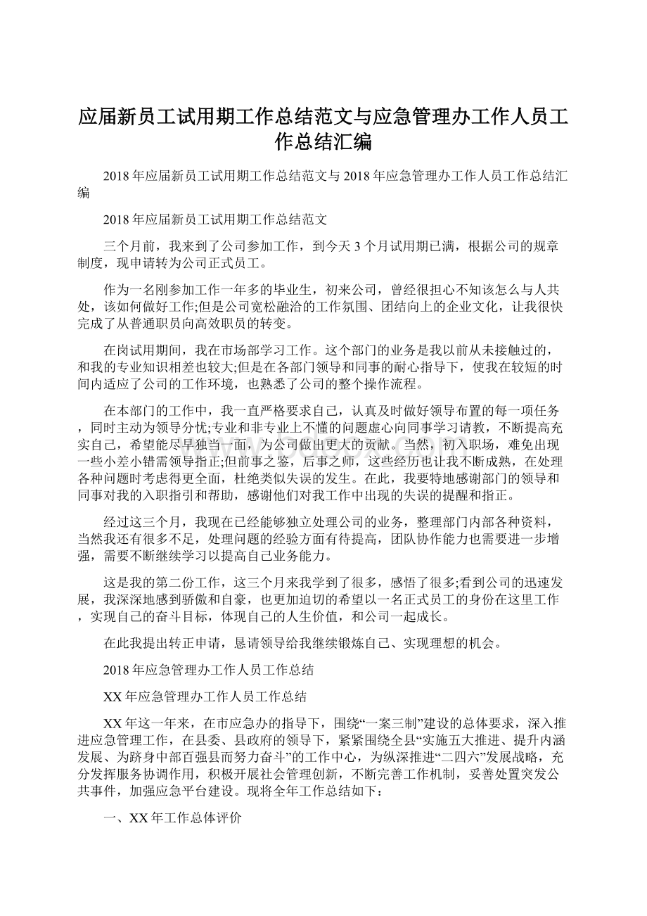 应届新员工试用期工作总结范文与应急管理办工作人员工作总结汇编Word文档下载推荐.docx_第1页