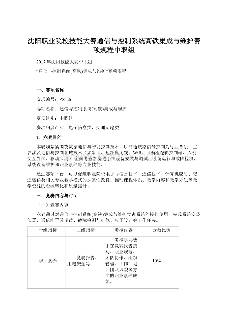 沈阳职业院校技能大赛通信与控制系统高铁集成与维护赛项规程中职组.docx_第1页