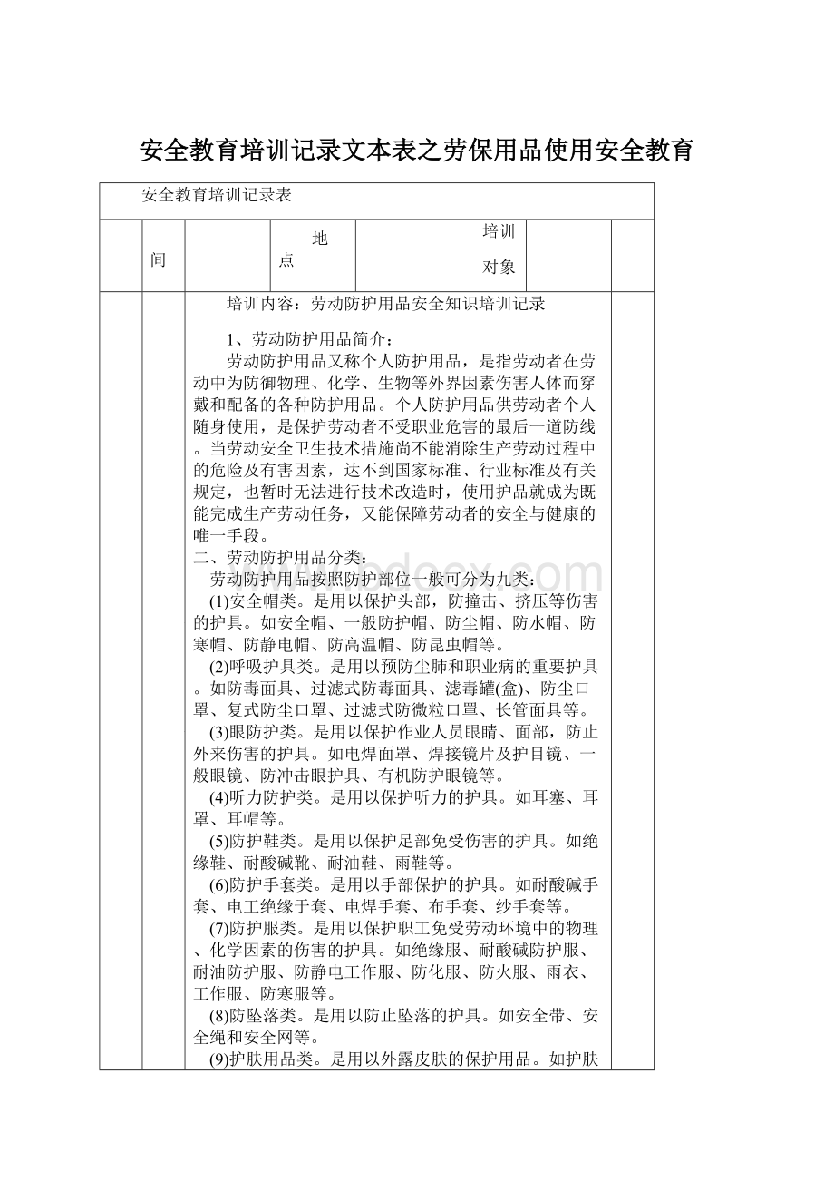 安全教育培训记录文本表之劳保用品使用安全教育.docx_第1页