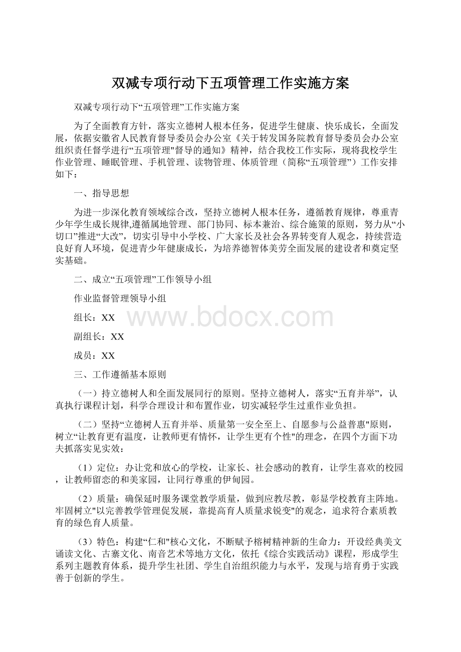 双减专项行动下五项管理工作实施方案Word文档下载推荐.docx