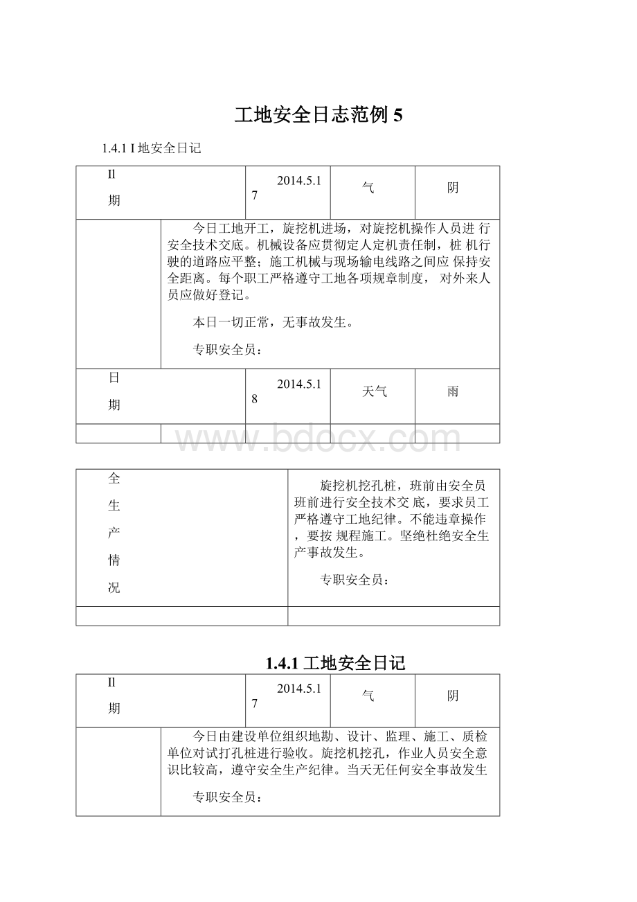 工地安全日志范例5Word格式.docx_第1页