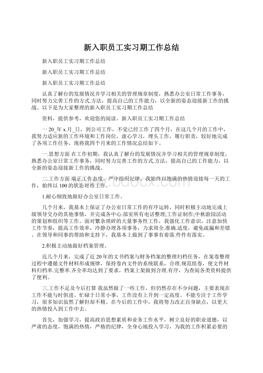 新入职员工实习期工作总结Word文档格式.docx