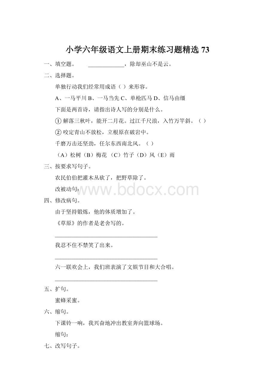 小学六年级语文上册期末练习题精选73.docx_第1页