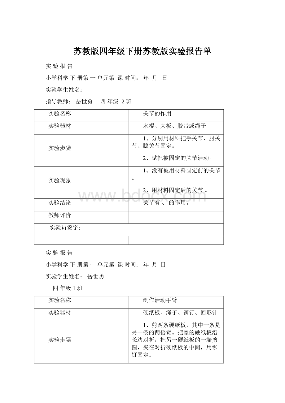 苏教版四年级下册苏教版实验报告单Word文档格式.docx_第1页