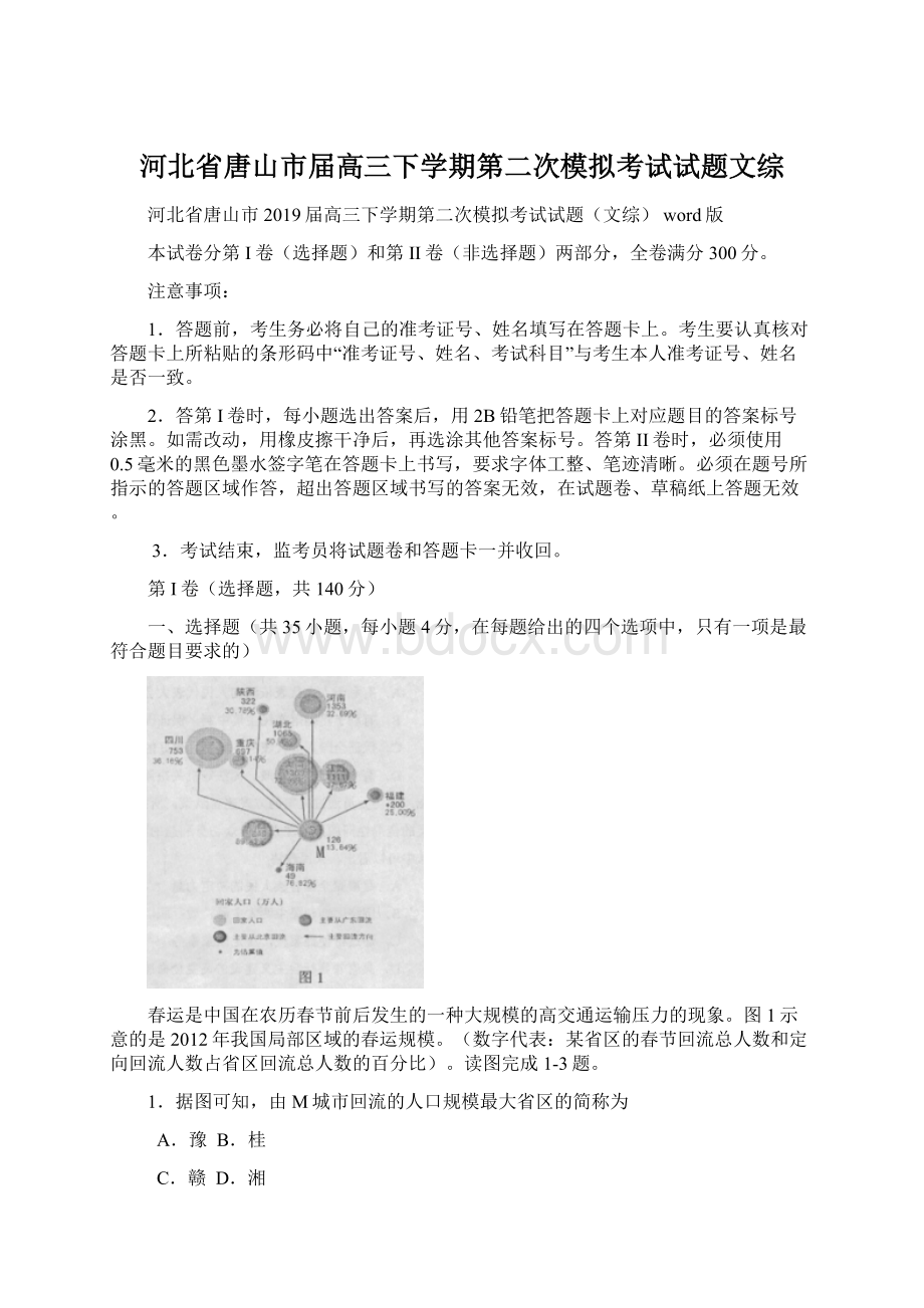 河北省唐山市届高三下学期第二次模拟考试试题文综.docx_第1页