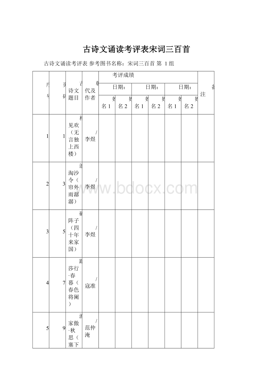 古诗文诵读考评表宋词三百首.docx_第1页