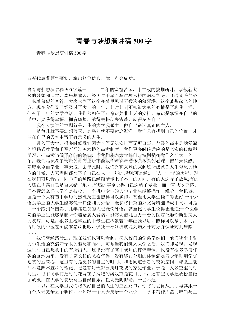 青春与梦想演讲稿500字.docx