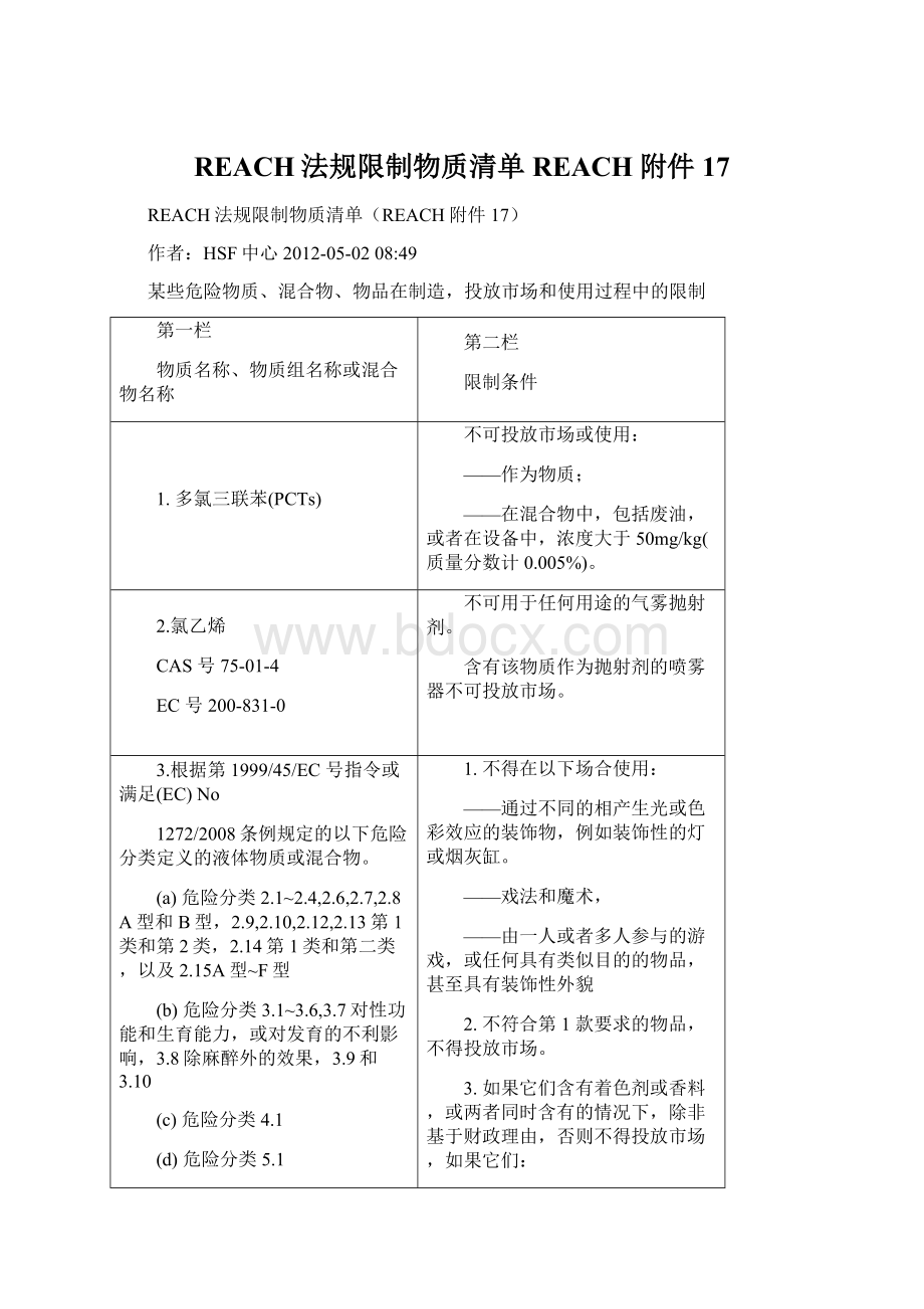 REACH法规限制物质清单REACH附件17.docx