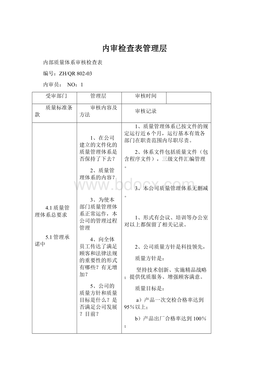 内审检查表管理层Word文档格式.docx