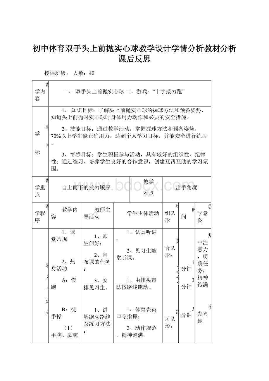 初中体育双手头上前抛实心球教学设计学情分析教材分析课后反思.docx_第1页