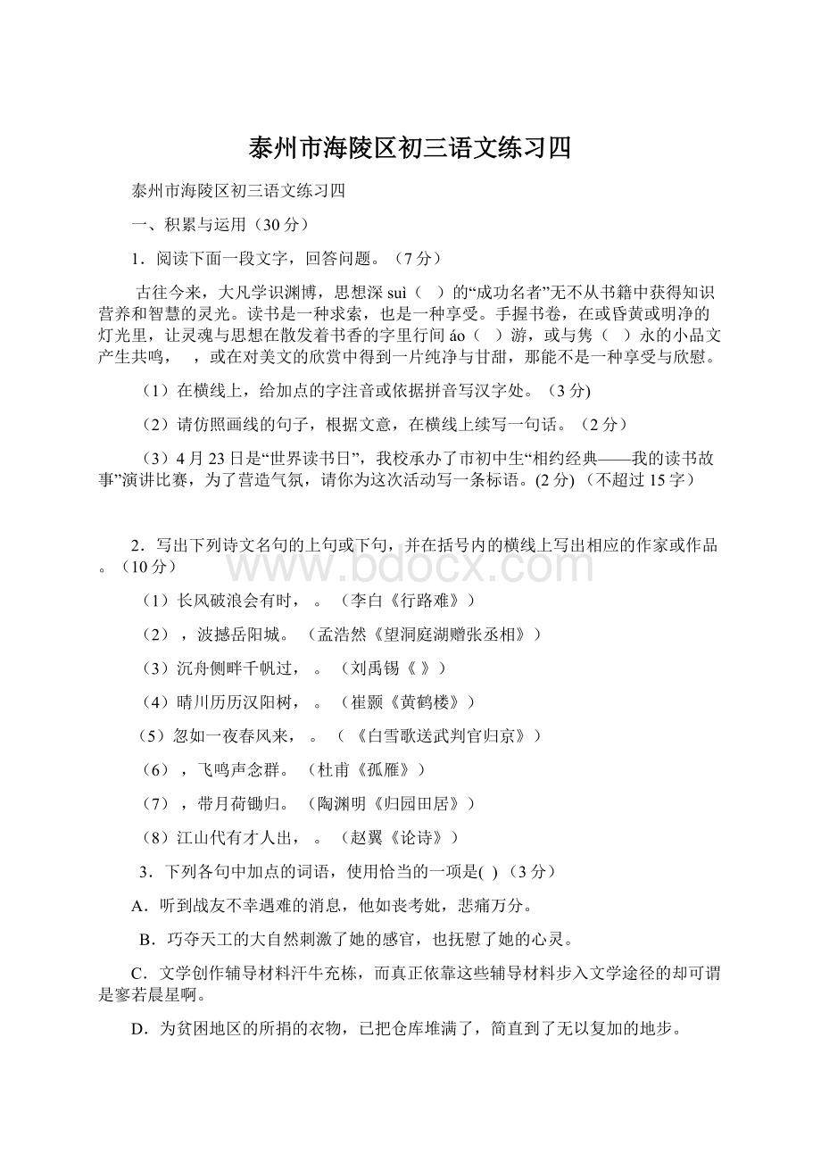 泰州市海陵区初三语文练习四Word文档格式.docx_第1页