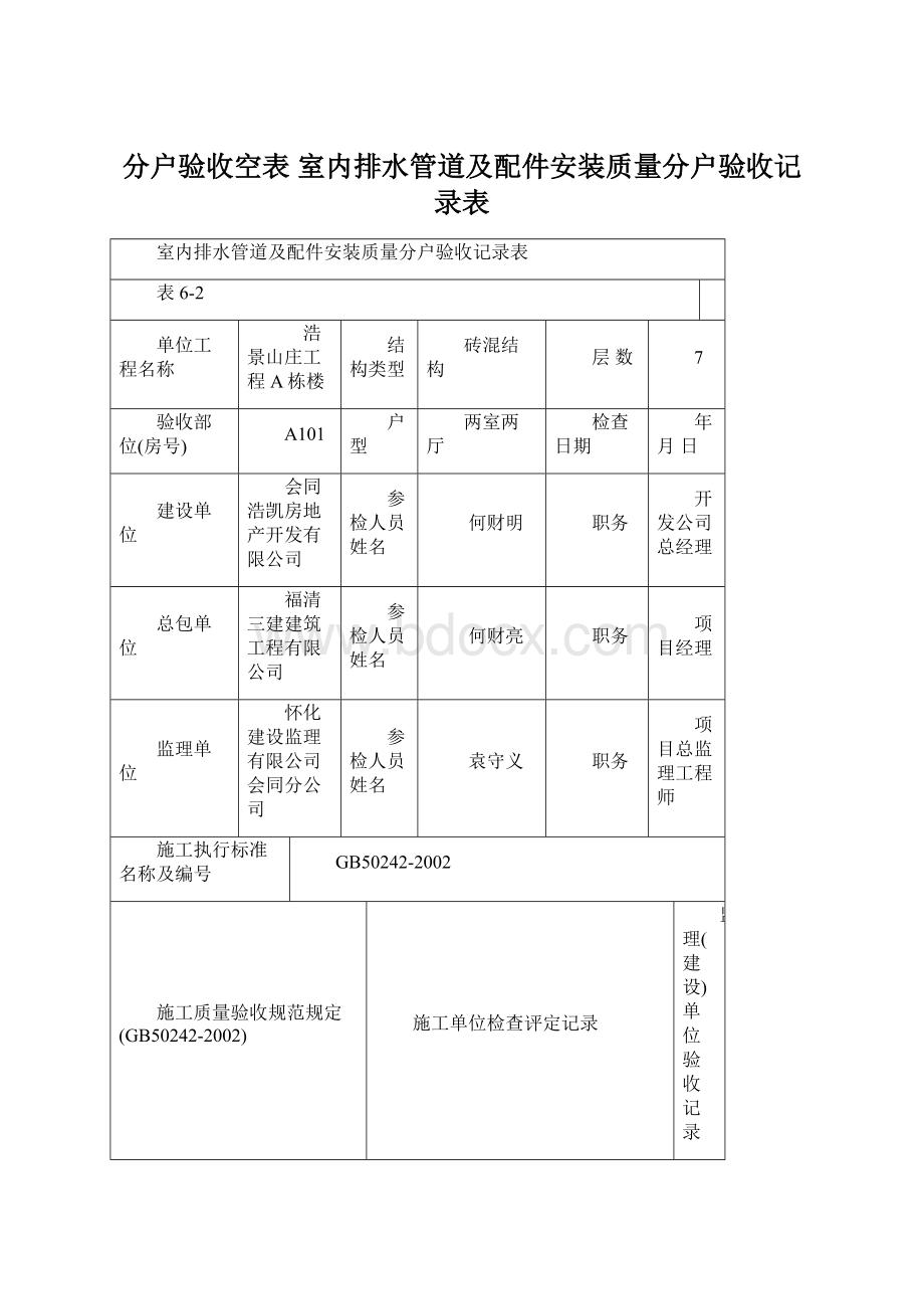 分户验收空表 室内排水管道及配件安装质量分户验收记录表.docx