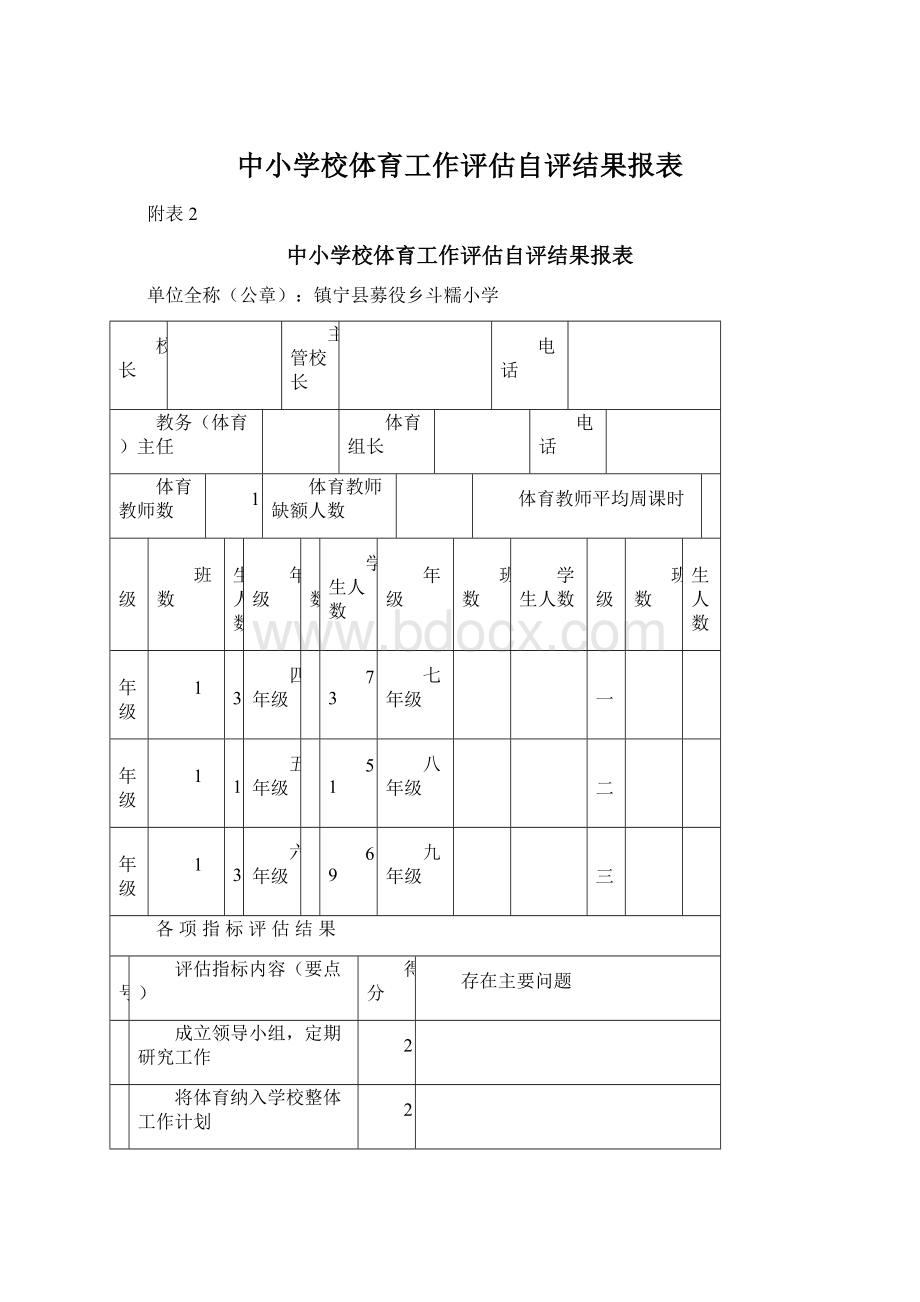 中小学校体育工作评估自评结果报表Word格式.docx