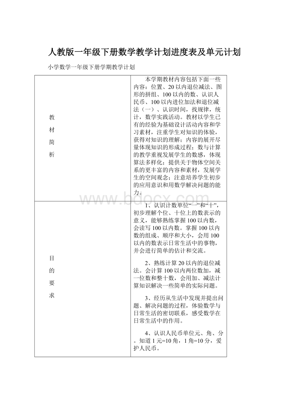 人教版一年级下册数学教学计划进度表及单元计划.docx