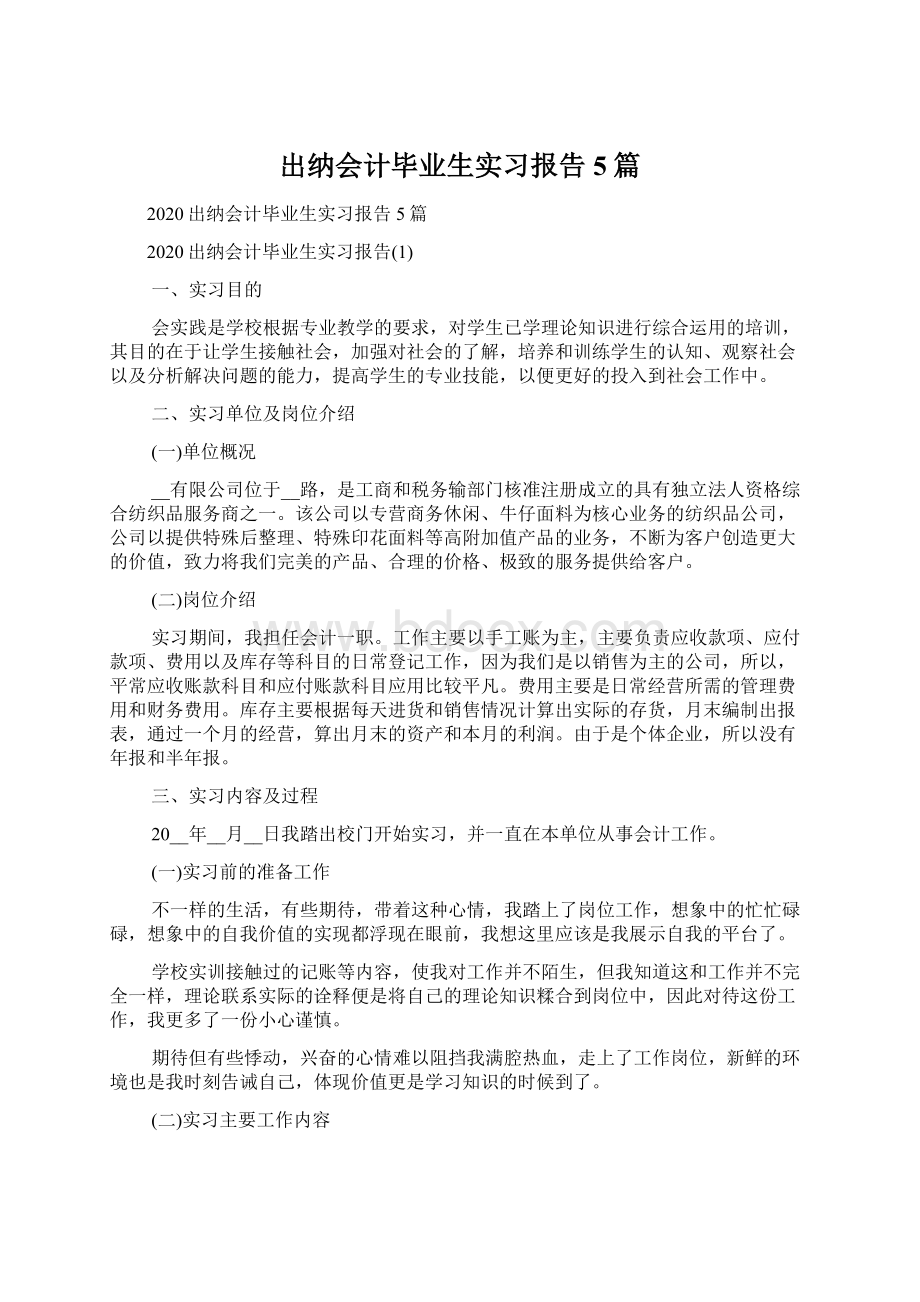 出纳会计毕业生实习报告5篇Word文档格式.docx