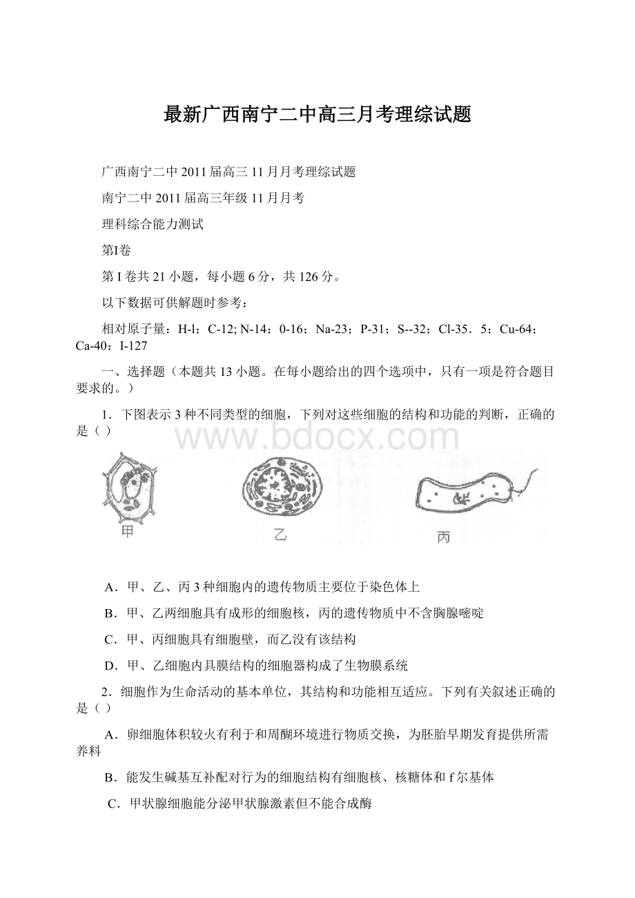 最新广西南宁二中高三月考理综试题文档格式.docx