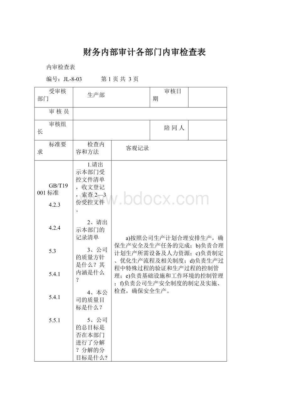 财务内部审计各部门内审检查表.docx_第1页