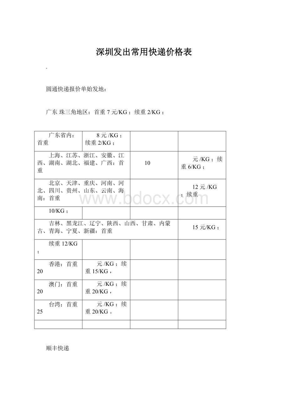 深圳发出常用快递价格表.docx_第1页