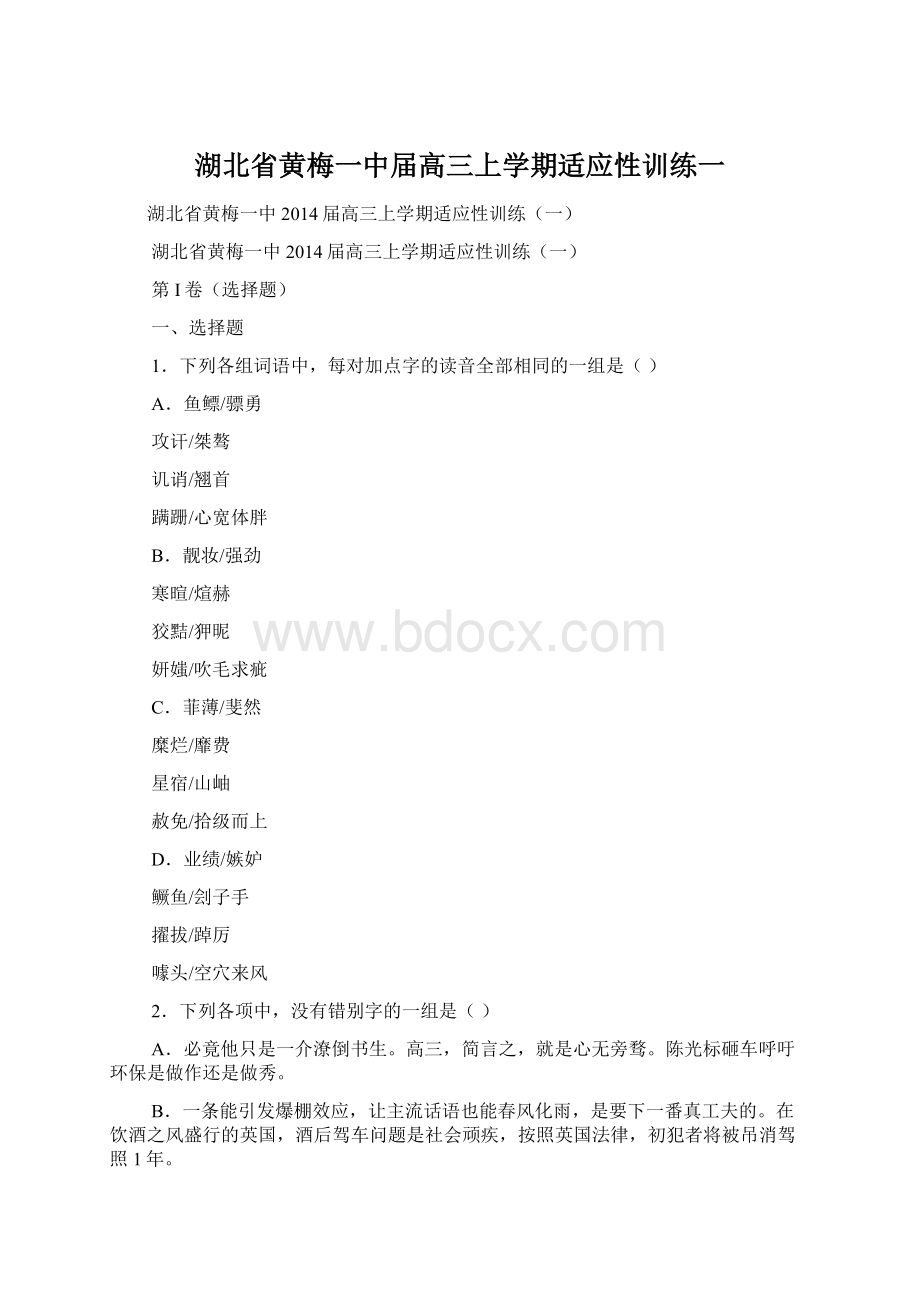 湖北省黄梅一中届高三上学期适应性训练一.docx