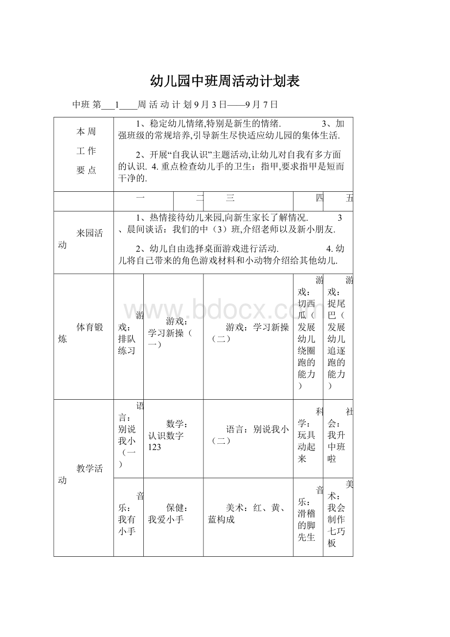 幼儿园中班周活动计划表文档格式.docx_第1页