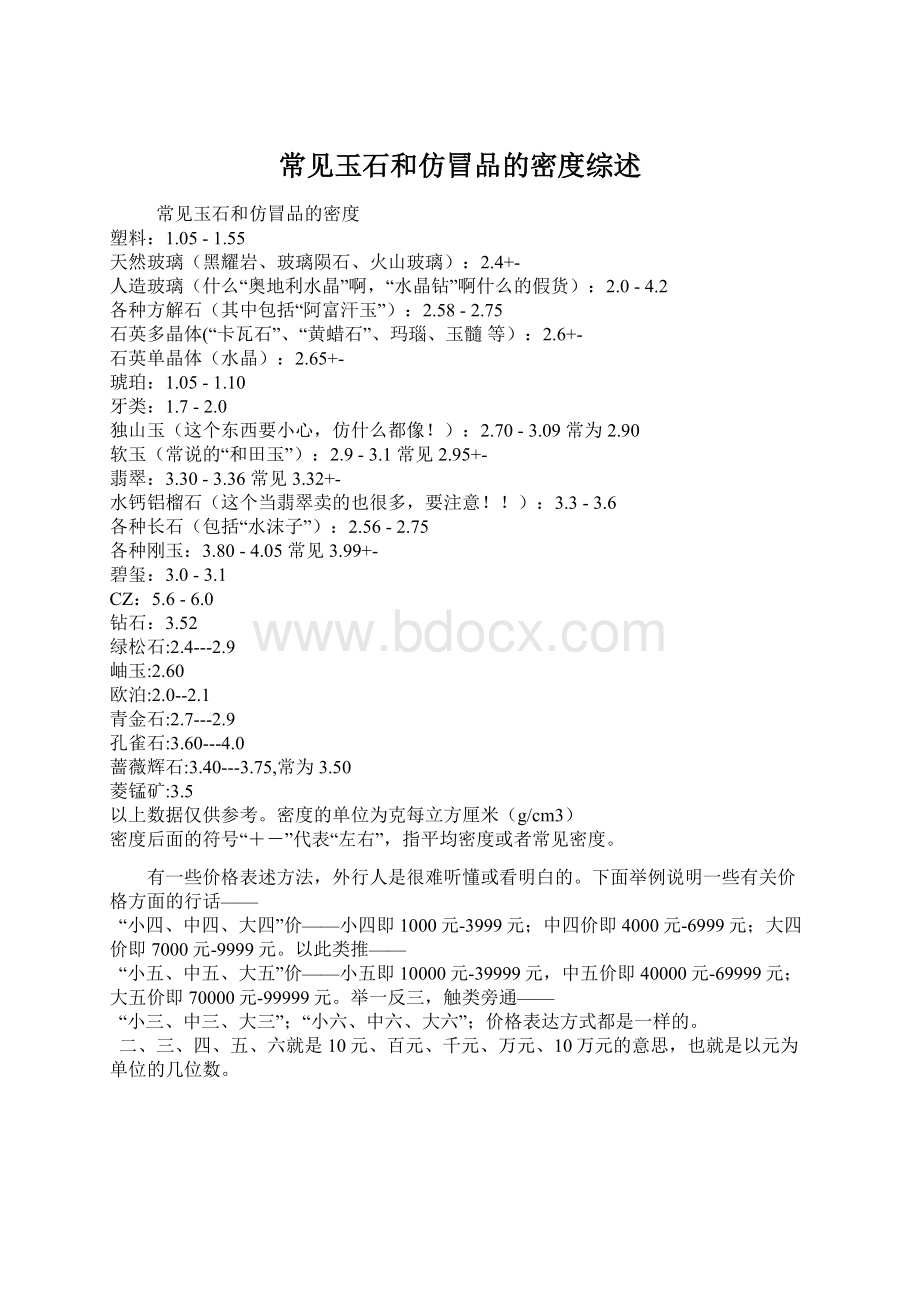 常见玉石和仿冒品的密度综述Word格式.docx