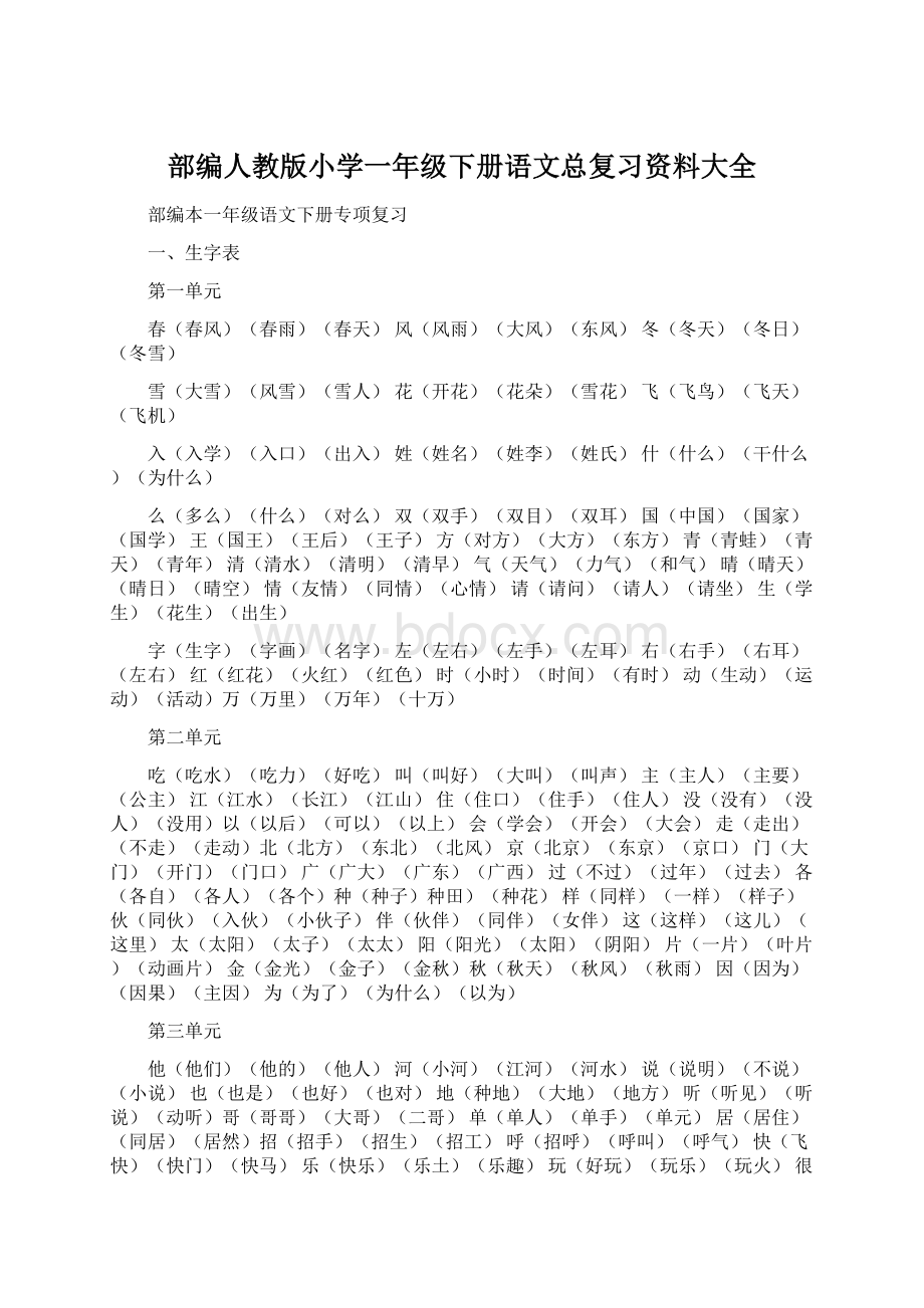 部编人教版小学一年级下册语文总复习资料大全Word文件下载.docx