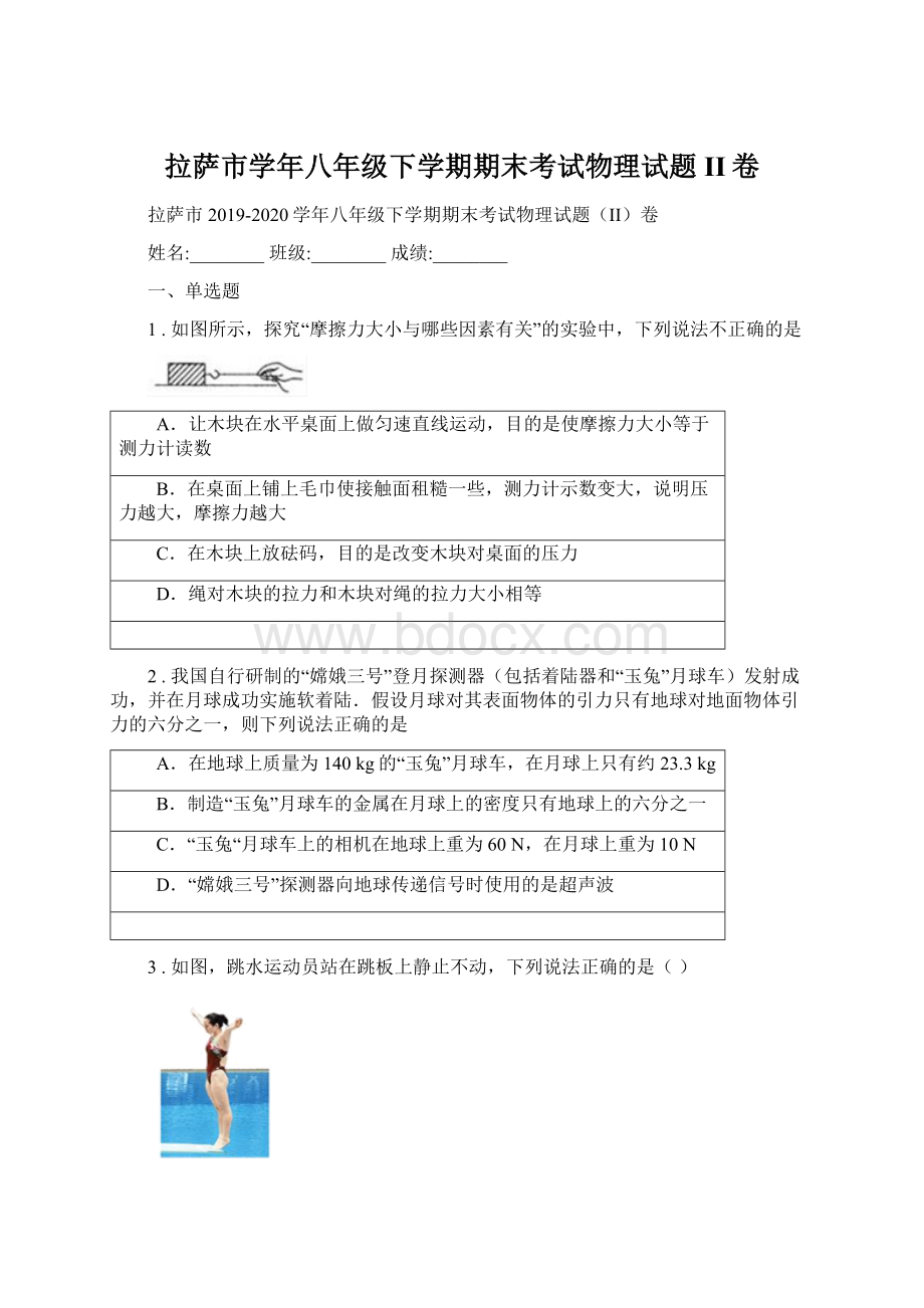 拉萨市学年八年级下学期期末考试物理试题II卷.docx_第1页