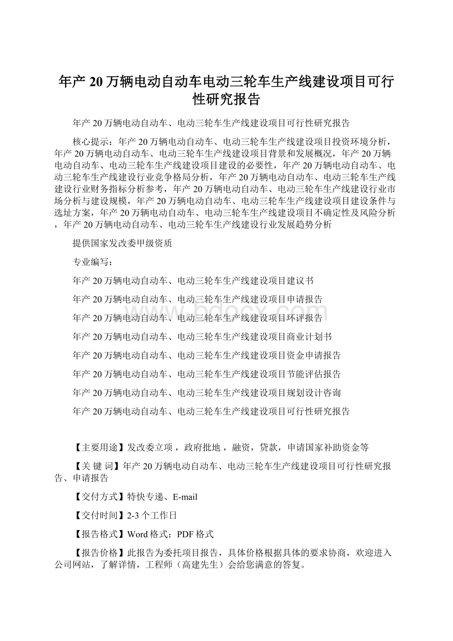 年产20万辆电动自动车电动三轮车生产线建设项目可行性研究报告Word文档格式.docx