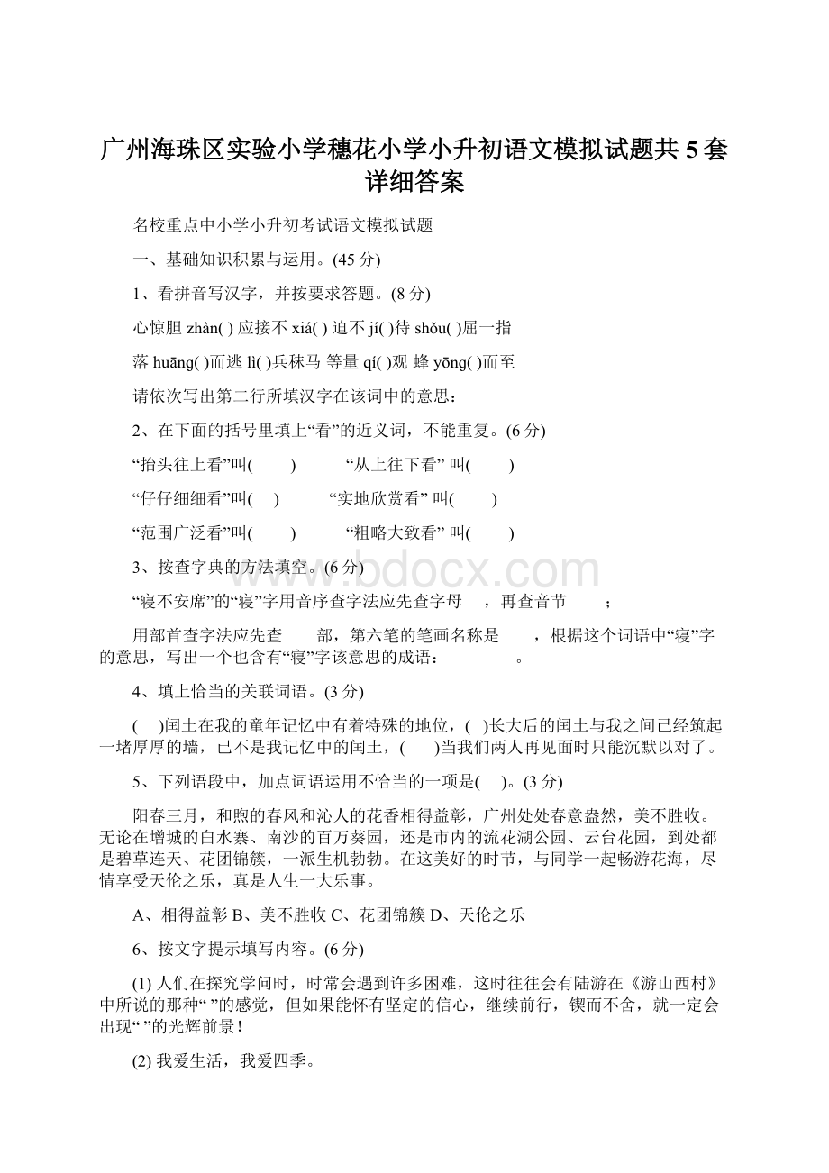 广州海珠区实验小学穗花小学小升初语文模拟试题共5套详细答案Word格式文档下载.docx