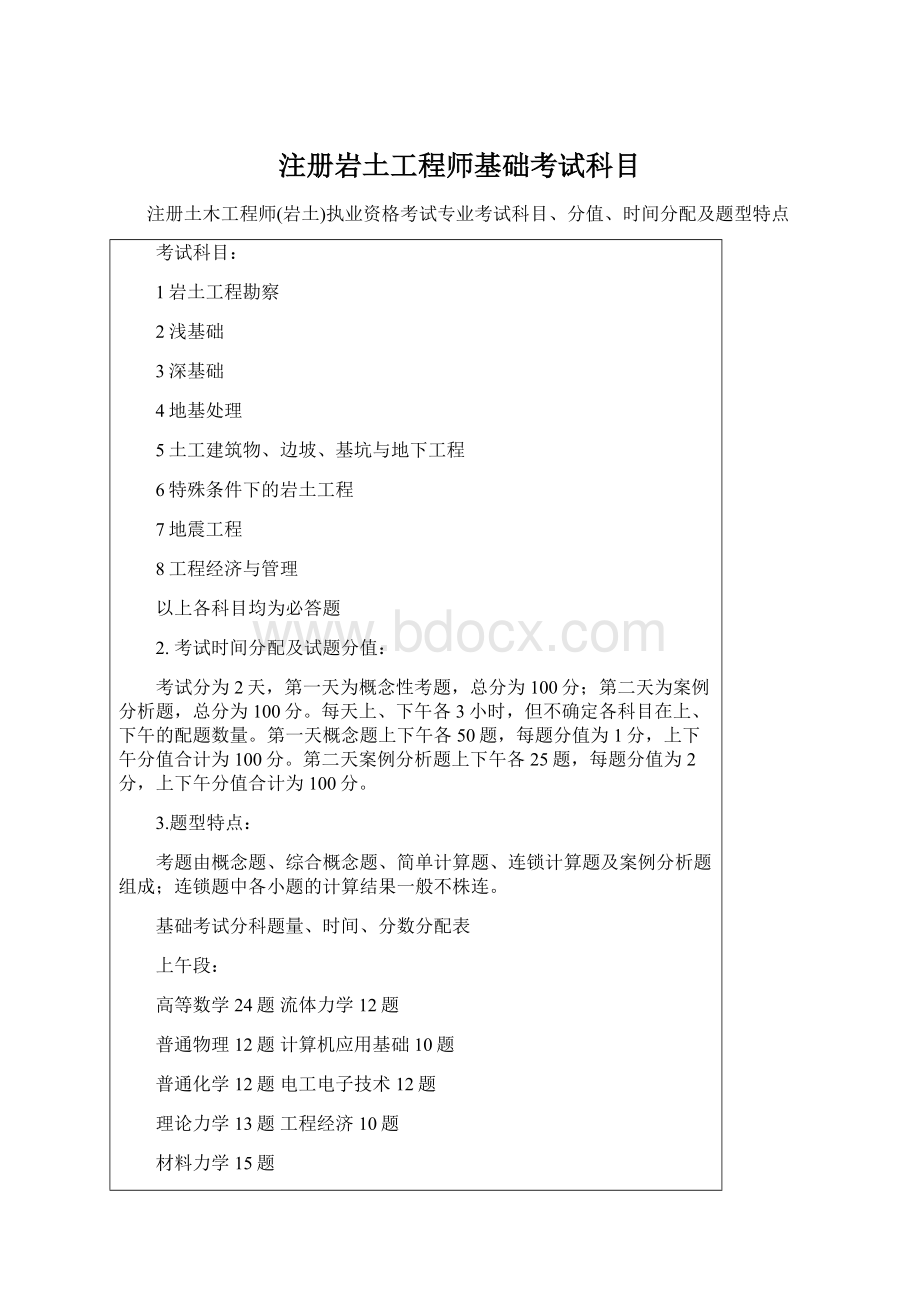 注册岩土工程师基础考试科目Word文档格式.docx_第1页