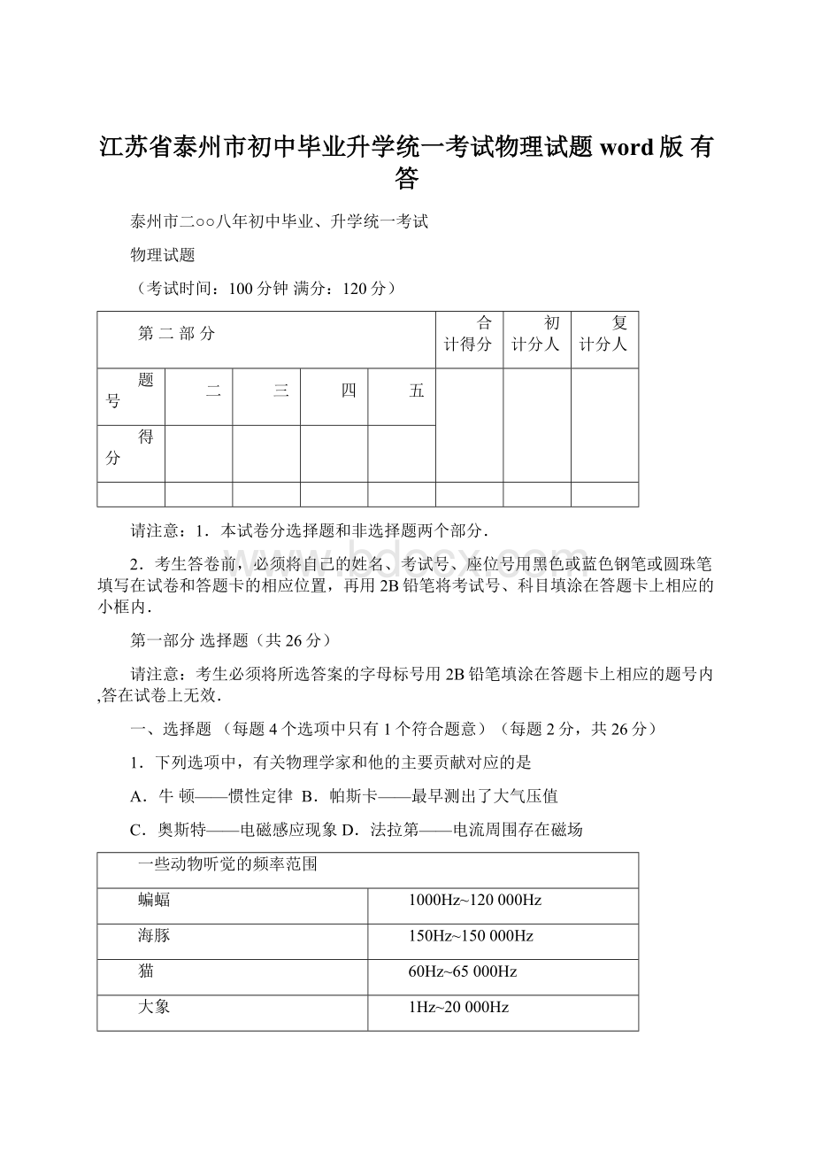 江苏省泰州市初中毕业升学统一考试物理试题word版有答.docx_第1页