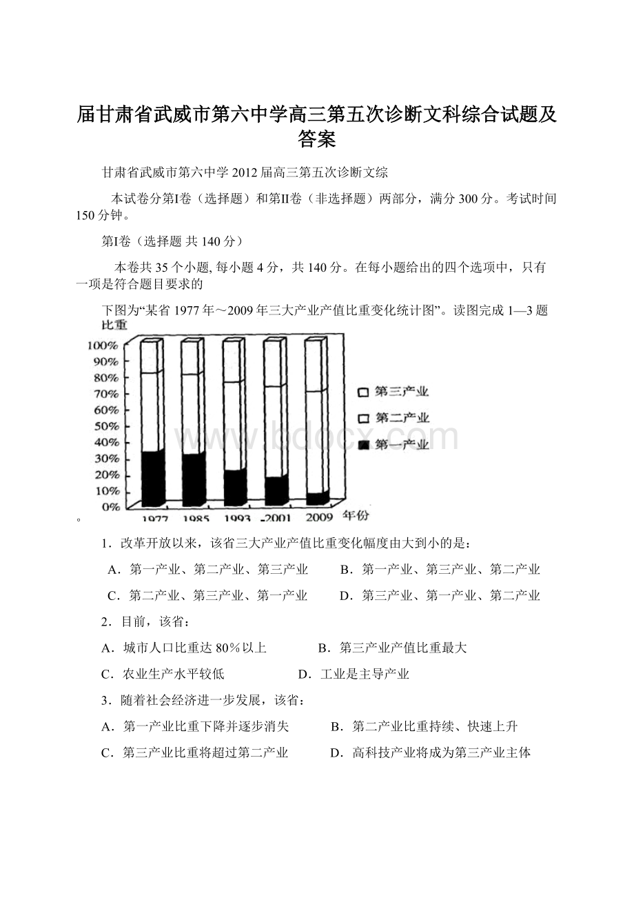 届甘肃省武威市第六中学高三第五次诊断文科综合试题及答案.docx_第1页