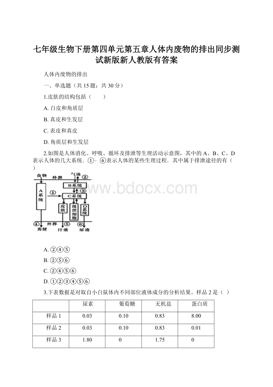 七年级生物下册第四单元第五章人体内废物的排出同步测试新版新人教版有答案.docx_第1页