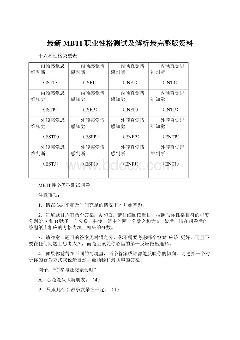 最新MBTI职业性格测试及解析最完整版资料.docx