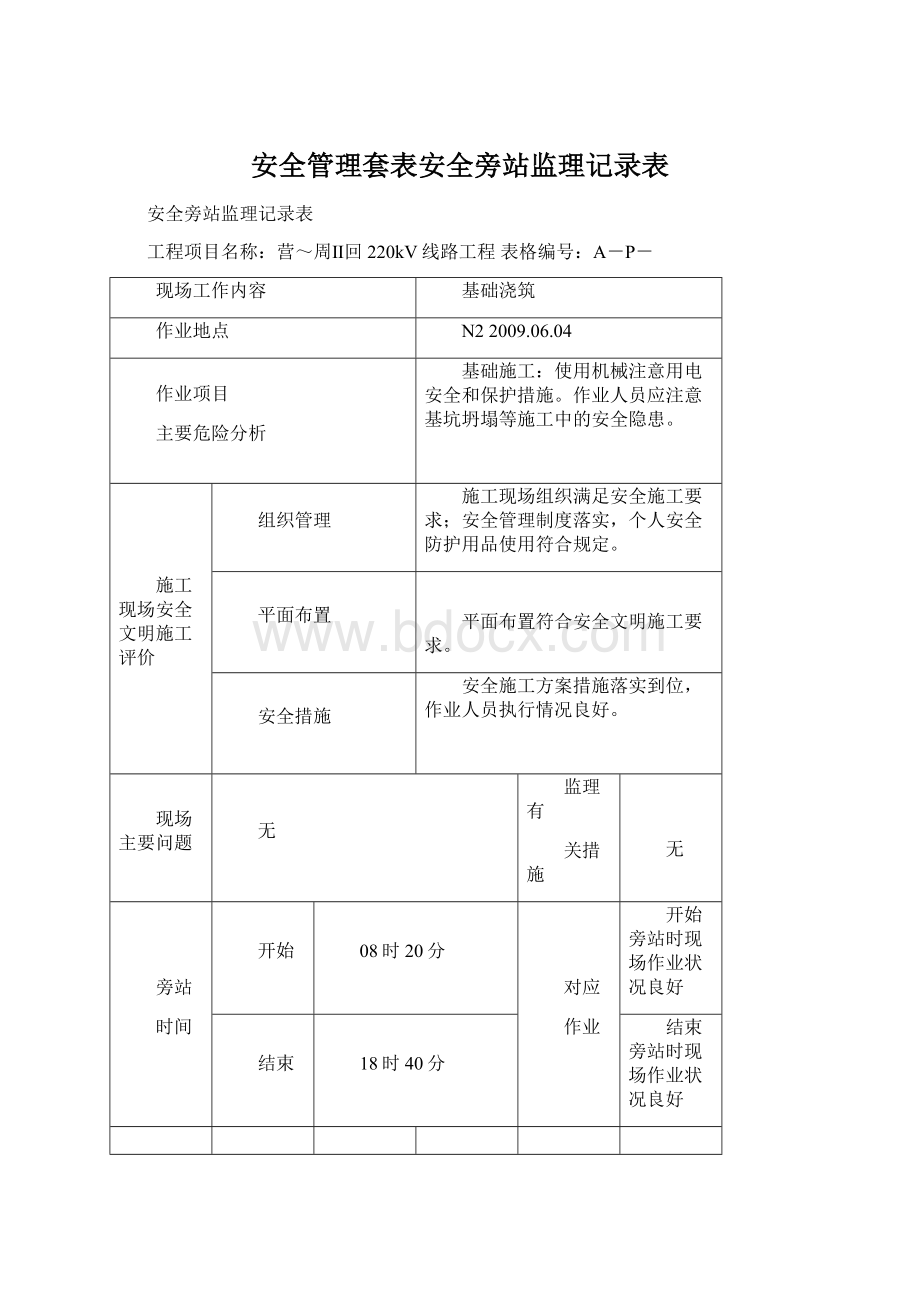 安全管理套表安全旁站监理记录表Word下载.docx