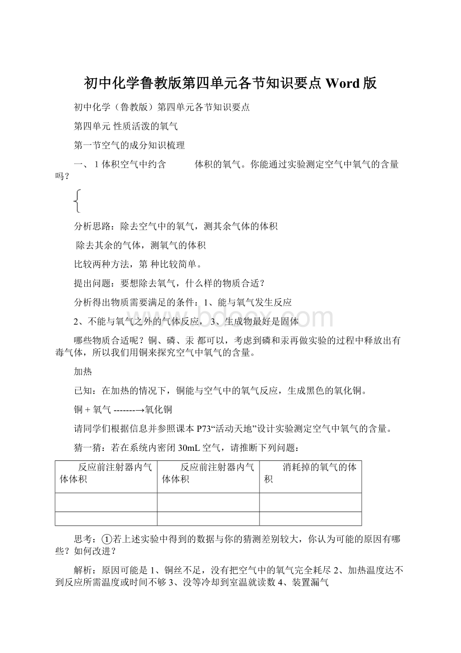 初中化学鲁教版第四单元各节知识要点Word版.docx