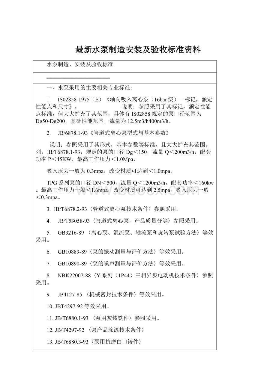 最新水泵制造安装及验收标准资料Word文档格式.docx_第1页