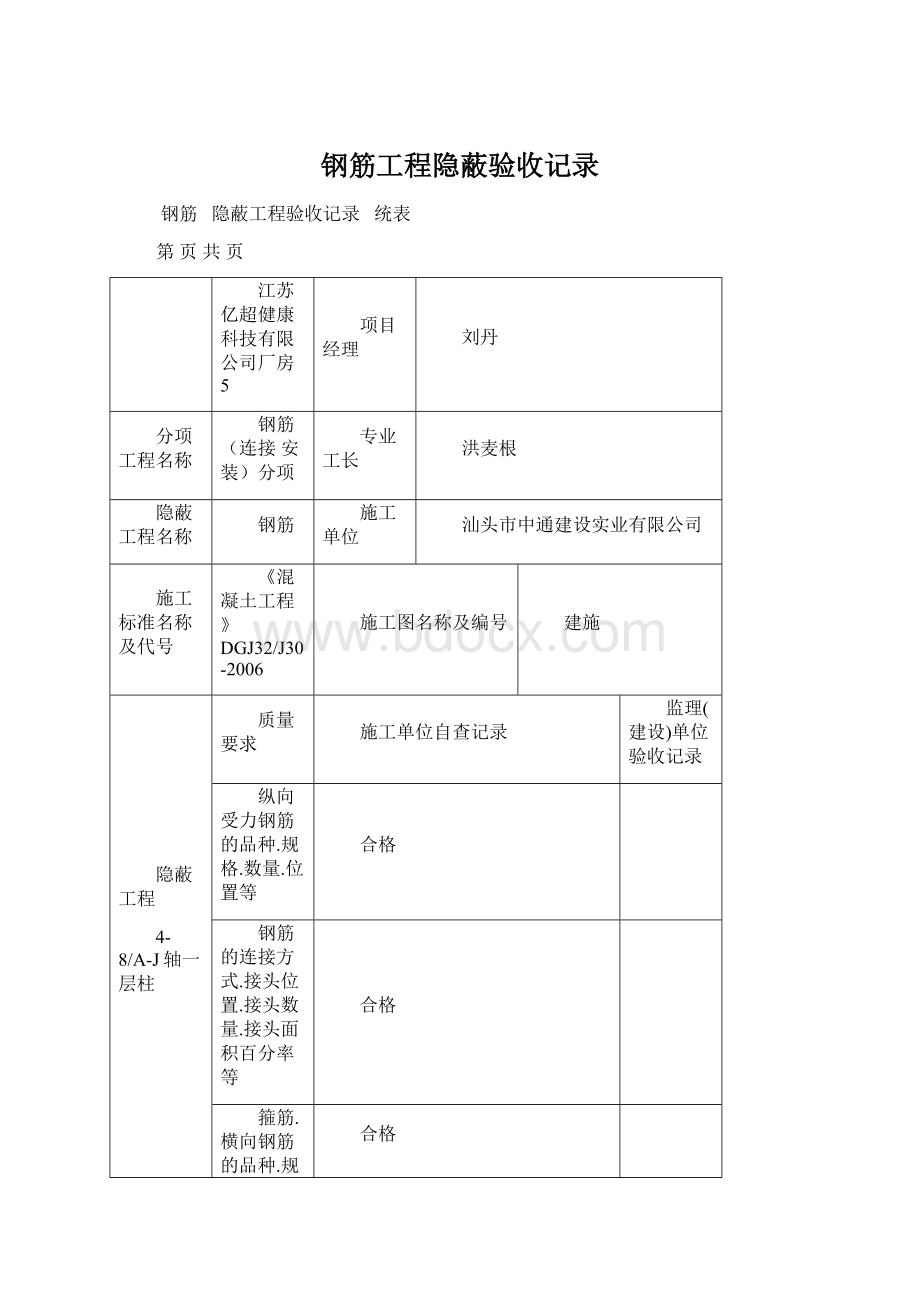 钢筋工程隐蔽验收记录Word下载.docx