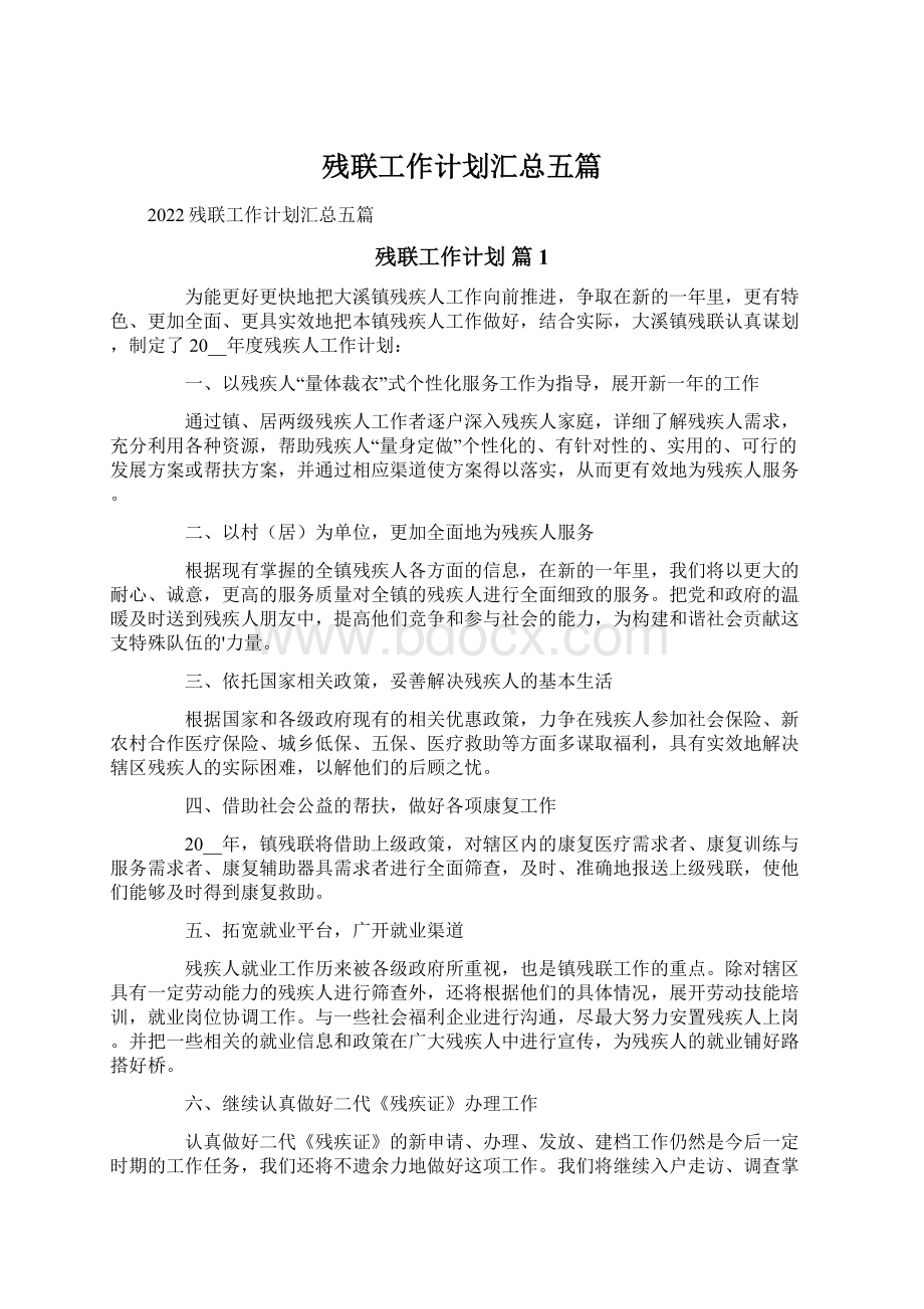 残联工作计划汇总五篇文档格式.docx