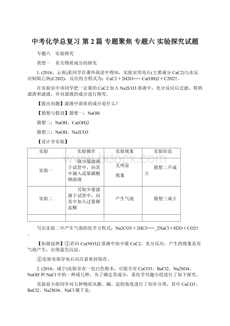 中考化学总复习 第2篇 专题聚焦 专题六 实验探究试题.docx_第1页